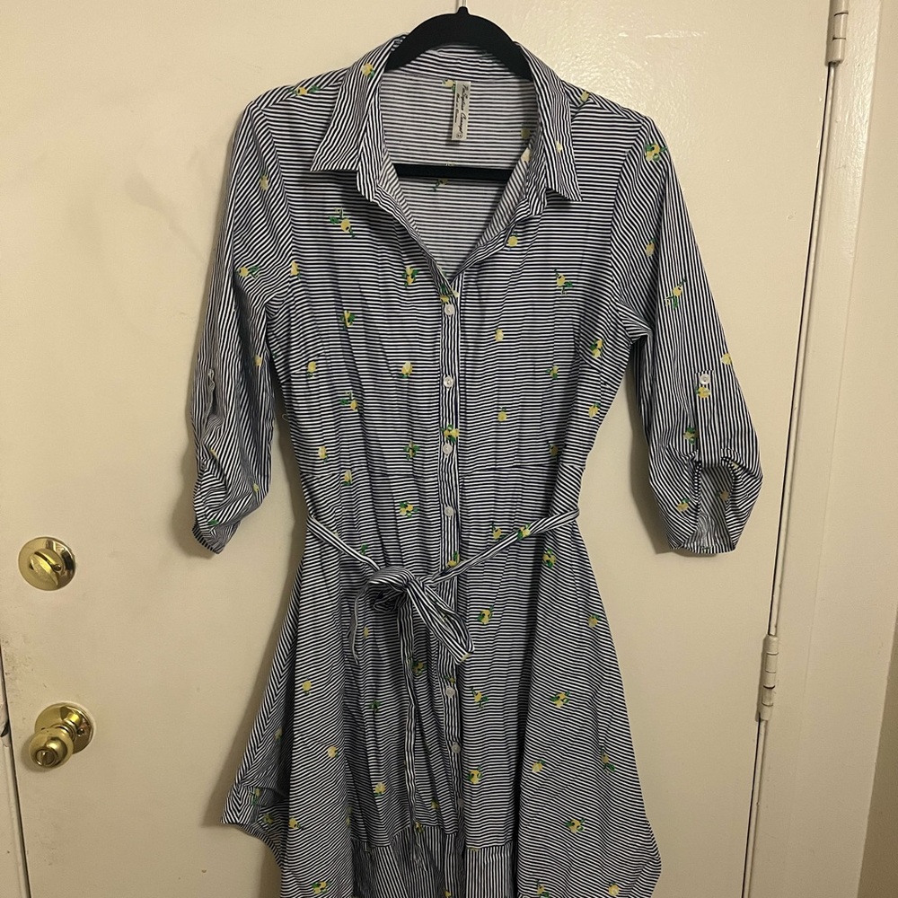 Asymmetrical hem button up shirt midi dress blue stripe size XL duster